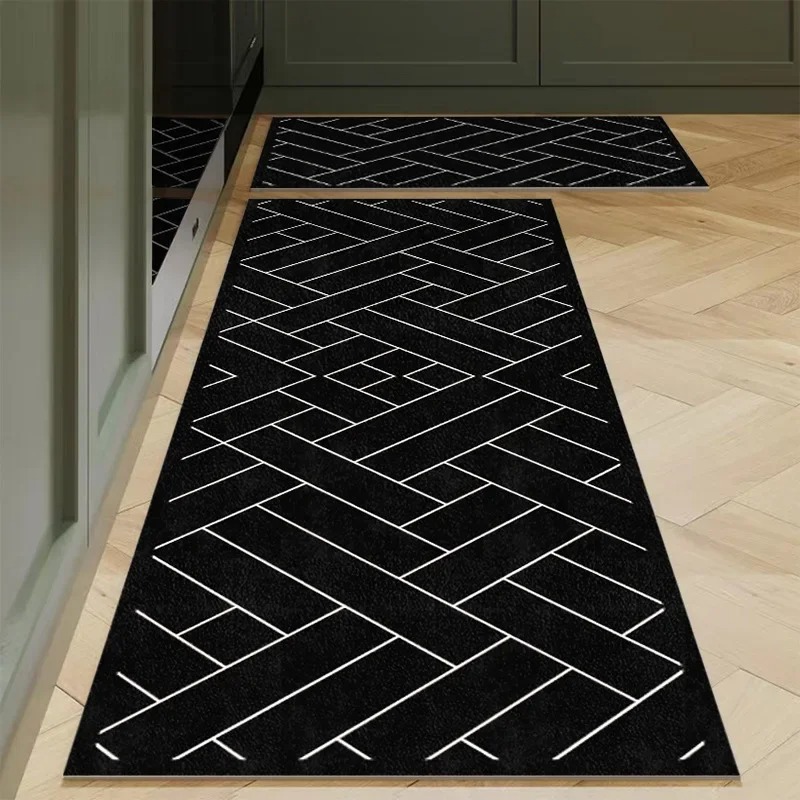 Aisle Runner White - طقم سجاد مطبخ بتصميم هيرينغبون أسود