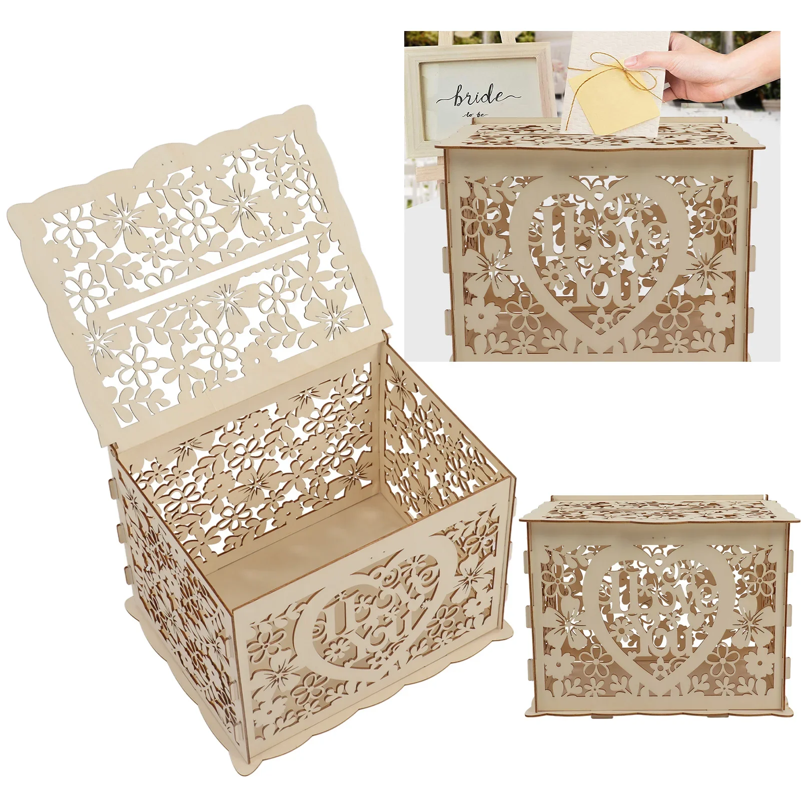 Wedding Card Box - ديي هدية خشبية جوفاء مربع ،